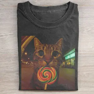 Cat Eating Swirly Lollipop T-shirt, Sarcastic Feline Lover Shirt, Wide Eye Cat Meme Shirt