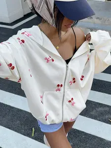 Women's Cherry Print Hoodie, Casual Fitted Design, All Season Wear, Trendy Youthful Style, Perfect for Outdoor & Campus Life