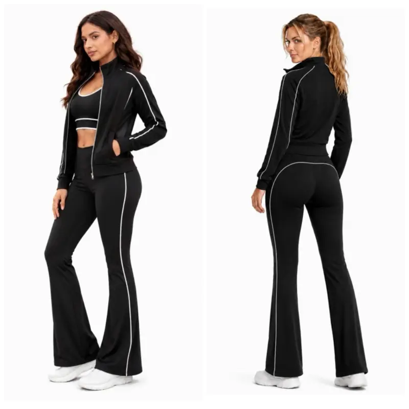 Signature Flare 3-Piece Set - Soft Breathable Four-Way Stretch Activewear with Sports Bra High-Waisted Leggings & Zip-Up Jacket for Everyday Style