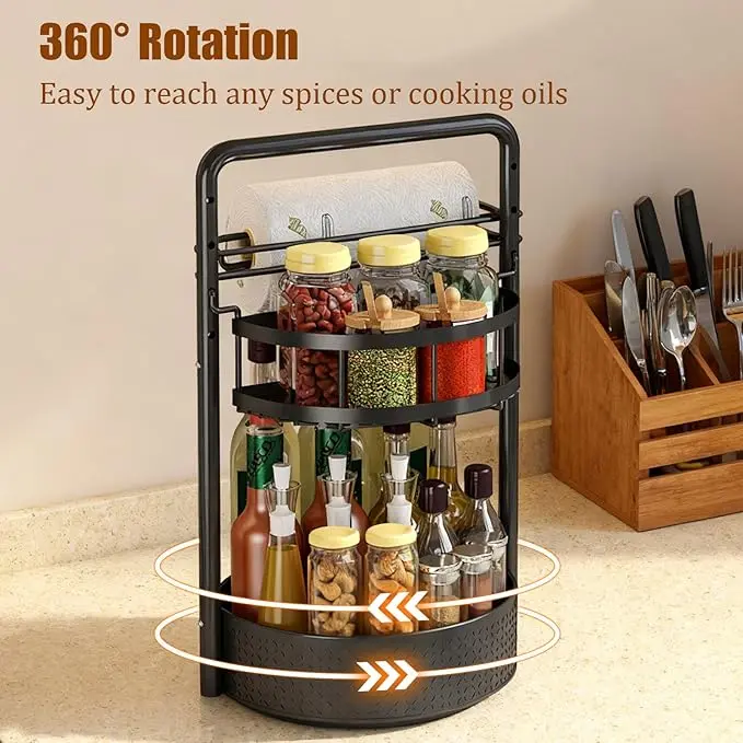 2-Tier Rotating Spice Rack Organizer, 360° Lazy Susan Turntable with Adjustable Metal Shelves, Space-Saving Seasoning and Condiment Storage for Kitchen Cabinet, Countertop and Pantry, Spice Jar, Sauce, Bottle and Can Holder