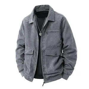 Men's corduroy lapel work jacket, autumn and winter retro multi pocket zipper casual jacket fabric wool