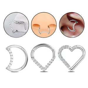 HERVAY 16G/8mm Stainless Steel Heart & Moon Nose Hoop -  Suitable for Nose/Rook/Helix/Daith/Tragus/Belly/Septum - Unisex Piercing Jewelry