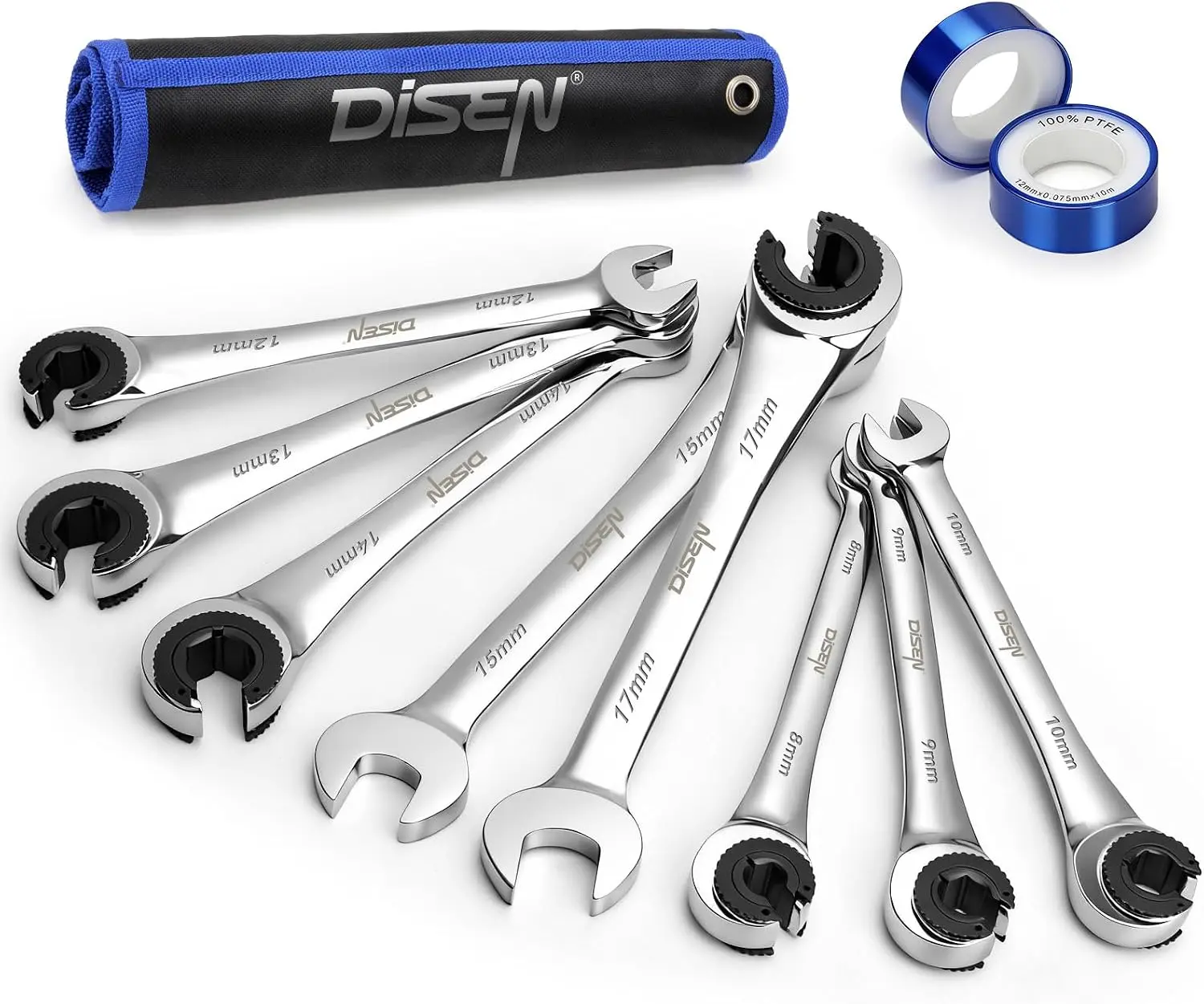 8PCS Flare Nut Wrench Set Brake Line Ratcheting Wrench Set | Metric 8-17mm, CR-V Steel with Organizer Pouch, Father's Gift
