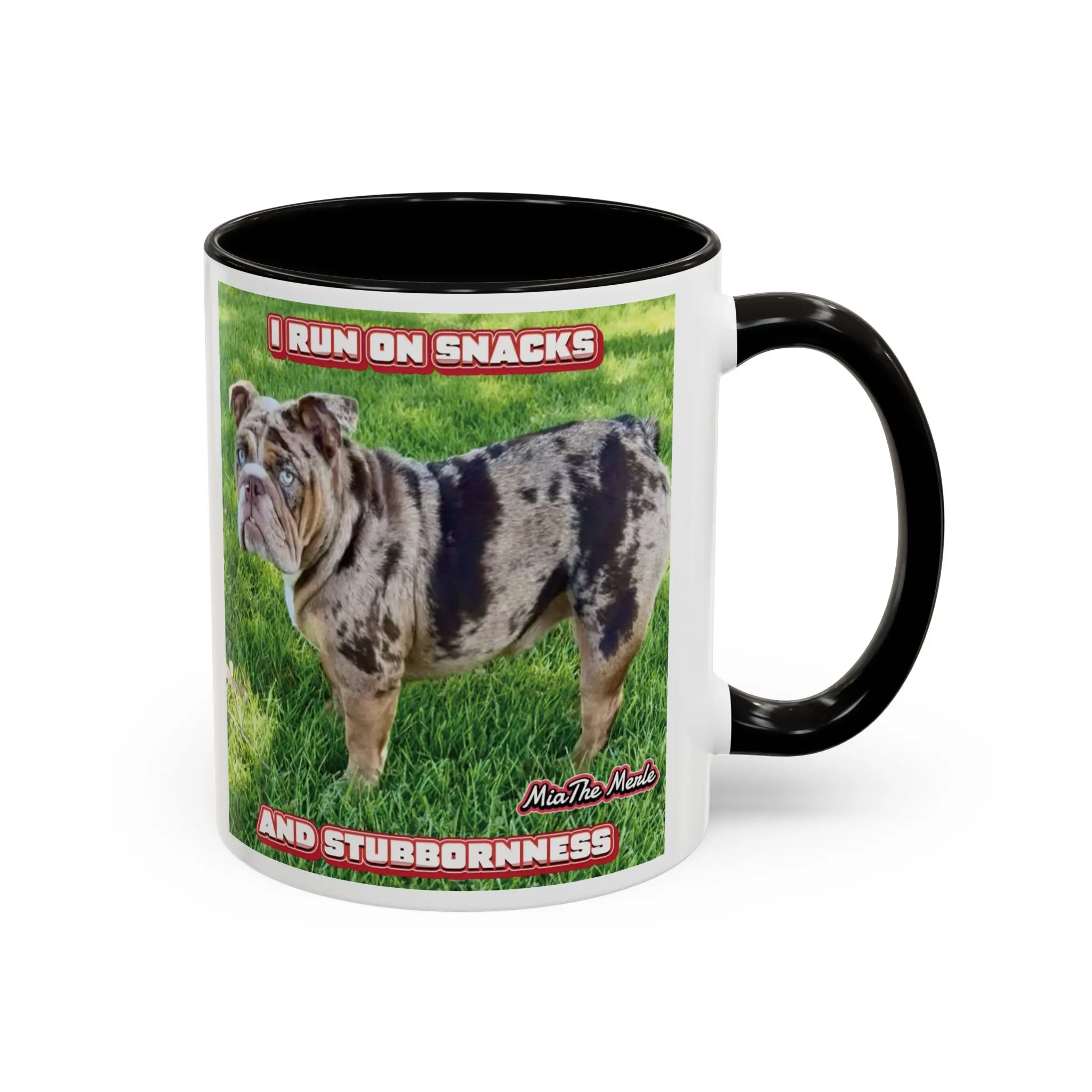 I Run On Snacks And Stubbornness Mug | Bulldog Photo, Funny Dog Coffee Cup