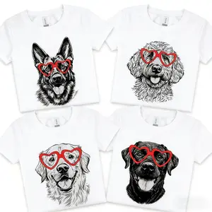 (S-XXL)Heart Glasses Dog Graphic Printed Cotton T-Shirt  Casual Top 100% Combed Cotton Heavyweight Tee Classic Crew Neck Reinforced Neckband Double-Stitched Hems Summer Lightweight