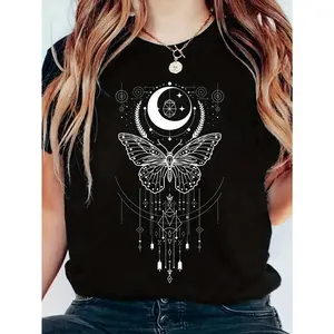 Plus Size Black Tee with Celestial Butterfly Moon Print Semi Sheer Summer Style
