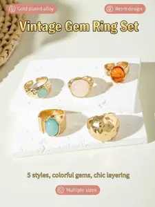 5pcs Retro Gem Ring Set✨Gold-Plated Finish | Colorful Blue/Pink/Orange Stones | Perfect for Stacking, Gifting & Chic Outfits