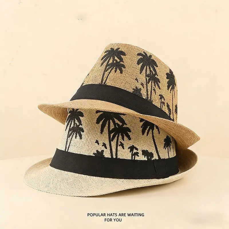 Unisex Coconut Tree Print Cotton Panama Straw Beach Hat - Breathable Lightweight Casual Style Beachy Boho Hat for Summer Beach & Outdoor Activities, Casual Style Hats