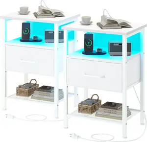 Night Stand Set 2, End Table with  Station, LED Bedside Table with Fabric Drawer for Bedroom, 3-Tier Side Table with Open Shelf, White