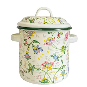 Floral Pattern Enamel Oil Can with Handle, 1 Count Round Storage Box with Lid, Kitchen Utensils & Gadgets for Home Dining Room Picnic