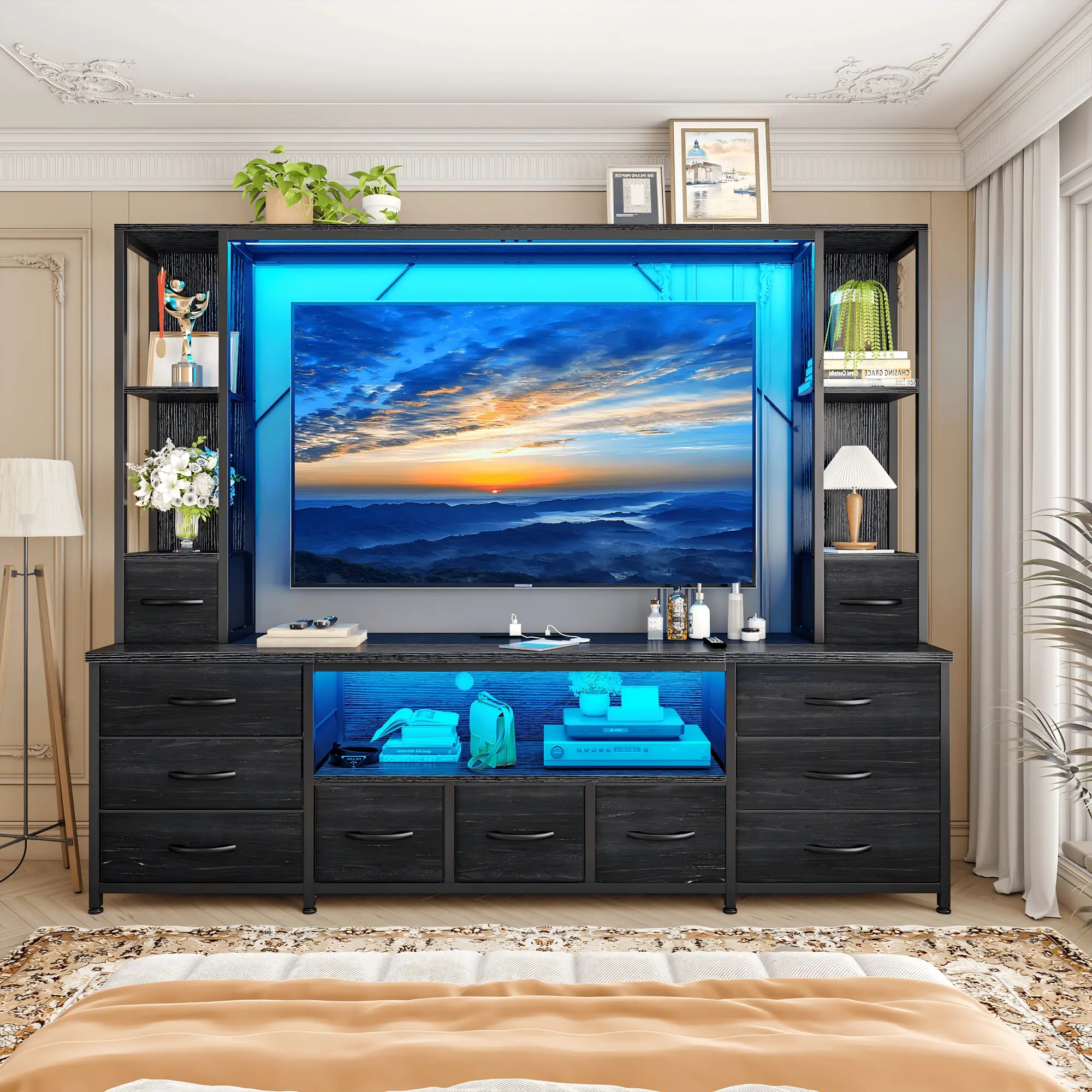 RaybeeFurniture 65" TV Stands for Living Room, Large Wall Unit Entertainment Center with 11 Fabric Drawer,Dresser TV Stand with 2 LED Lights & Power Outlets,TV Stand for Bedroom with Storage Shelf - RaybeeFurniture 65" TV Stands for Living Room, Large Wall Unit Entertainment Center with 11 Fabric Drawer,Dresser TV Stand with 2 LED Lights & Power Outlets,TV Stand for Bedroom with Storage Shelf -