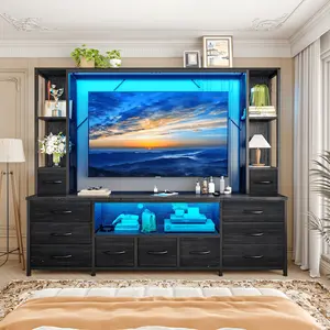 RaybeeFurniture 65" TV Stands for Living Room, Large Wall Unit Entertainment Center with 11 Fabric Drawer,Dresser TV Stand with 2 LED Lights & Power Outlets,TV Stand for Bedroom with Storage Shelf