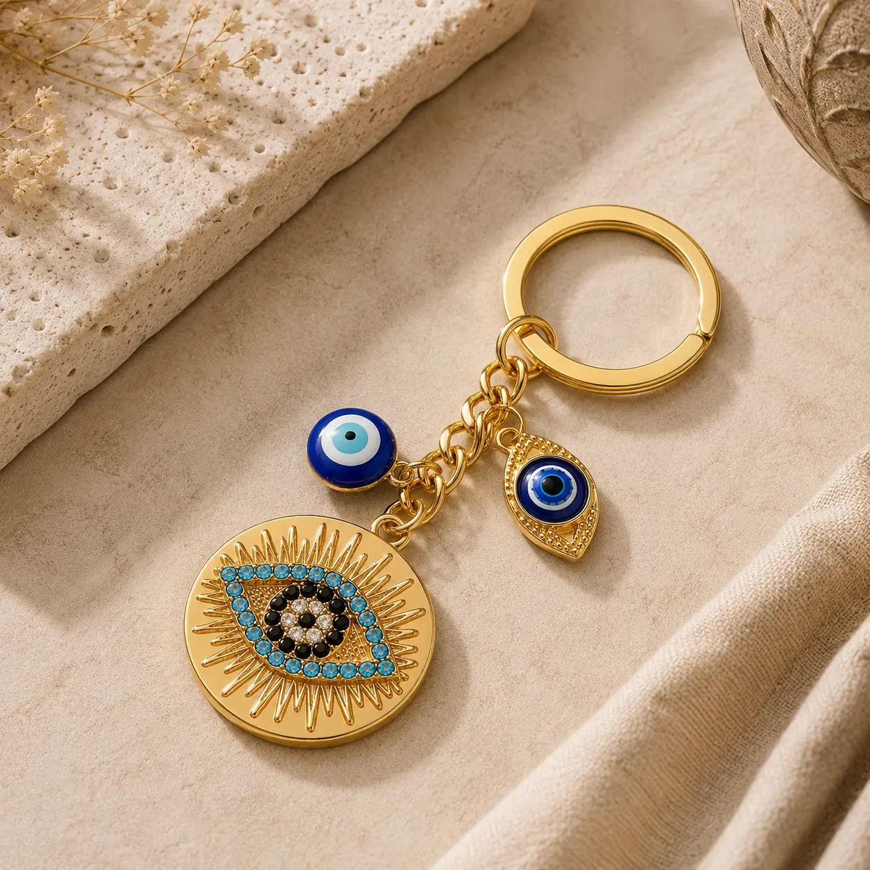 Blue Evil Eye Decorative Metal Keychain with Dual Eye Charms