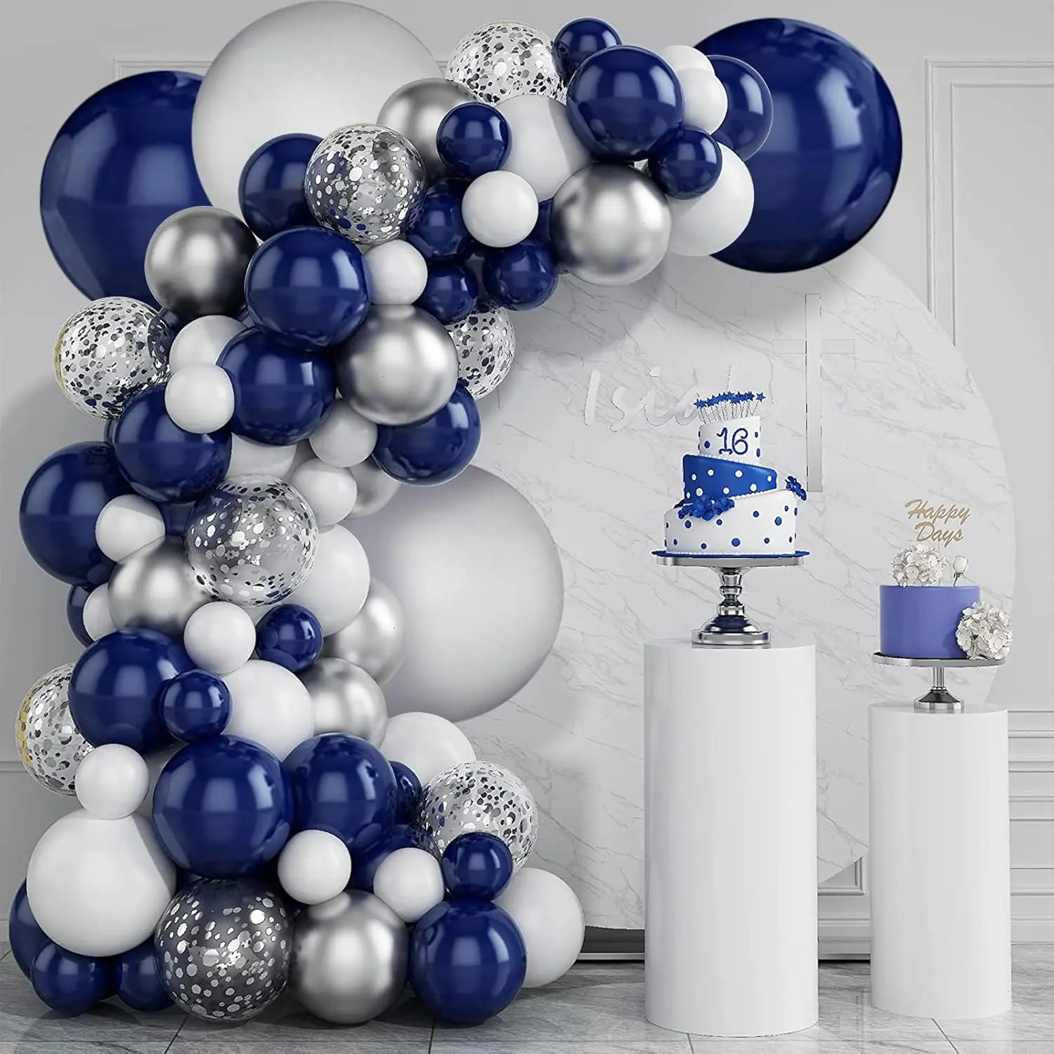 131-Piece Thick Shiny Metallic Navy Blue & Silver Stripe Round Rubber Balloon Garland Kit, with Silver Confetti, Tape, Knot Tool, Pump, Safe Natural Latex, Ideal for Adults’ Birthday, Wedding Decorations, Balloon Clusters Balloons