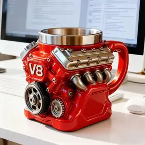 V8 Engine Stainless Steel Mug, Creative Resin Design 3D Motor Cup, Unique Coffee Beer Mug for Car Enthusiasts