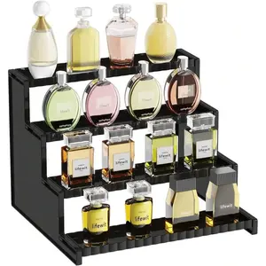 4-Tier Clear Display Stand with Secure Fences, Tool-Free Assembly, 12-Inch Plastic Perfume Organizer, Display for Figures, Cupcakes, Black Racks storage