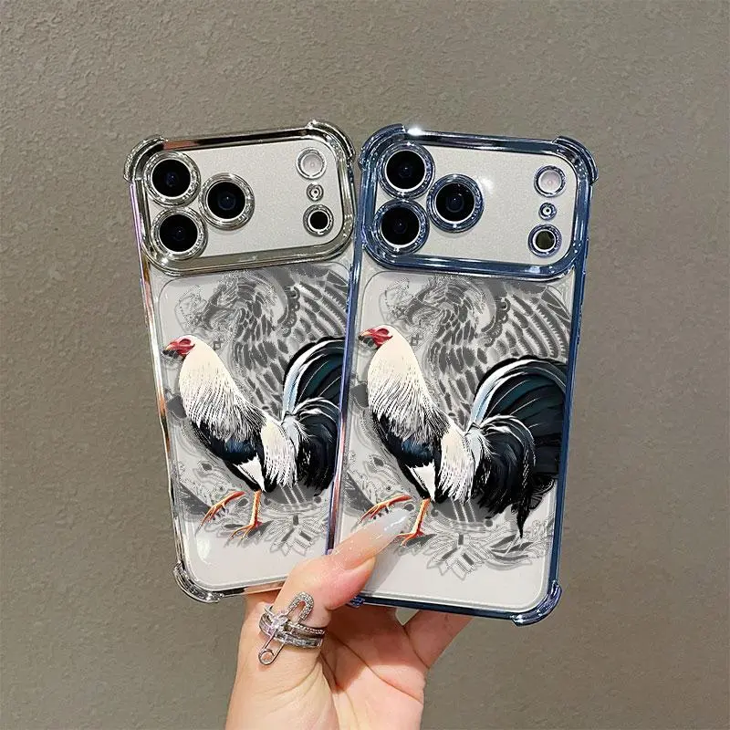 Cool rooster pattern electroplated four-corner airbag shock-proof phone case. Suitable for iPhone 17 Pro Max 16 15 14 13 12 11 Max. Airbag shock-proof transparent protective case.A2602