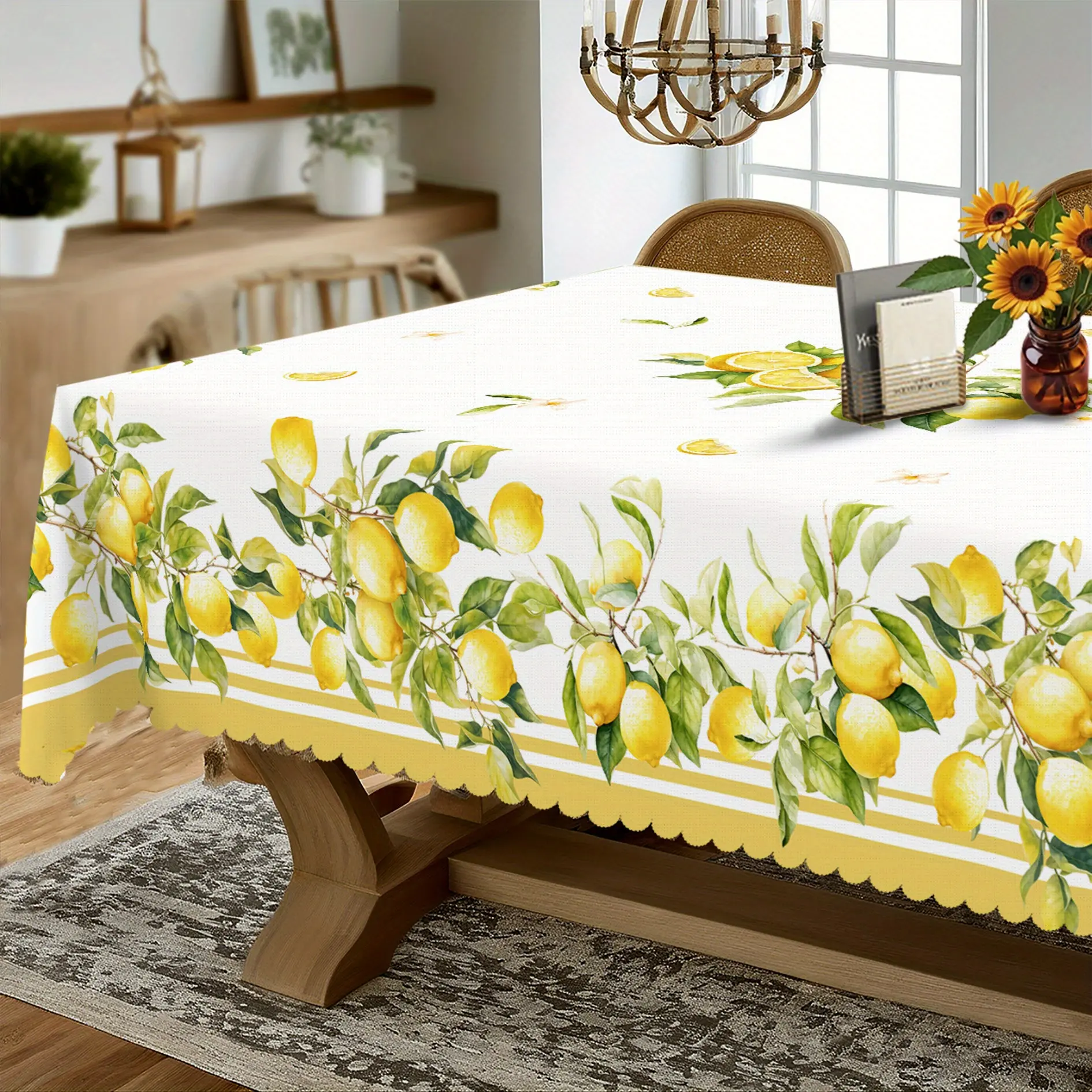 1 piece, spring and summer lemon tablecloth, fresh lemon and leaf design, rectangular tablecloth, Picnic table cover, home decor, kitchen dining, parties, indoor and outdoor, gift, Indoor Outdoor Patio
