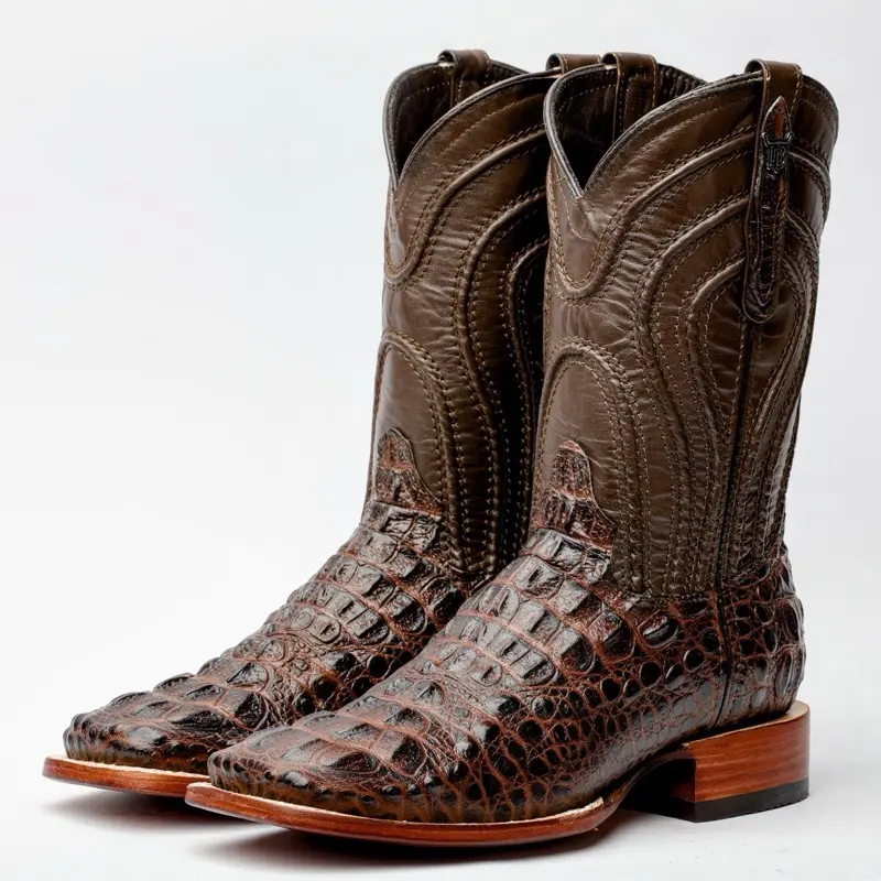 Brown Neck Leather Boots - Square Toe