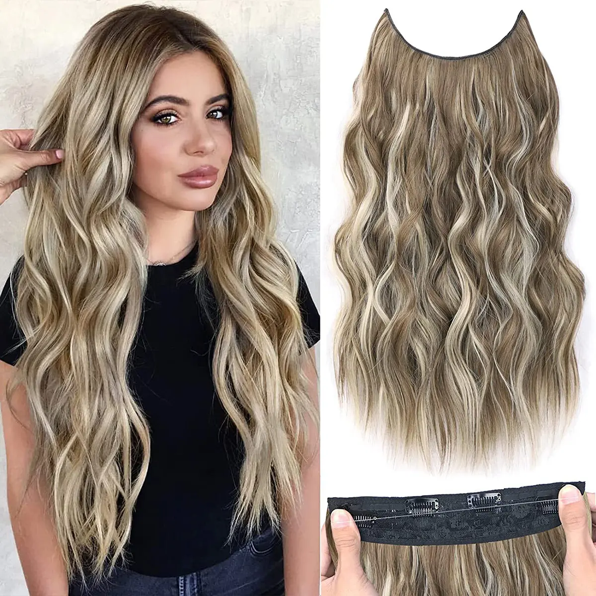 Women's 20 In Clip-in Hair Extensions - Wavy Synthetic, Invisible Wire, Natural Look, Soft Bouncy, No Tangle, Lightweight, Easy to Wear, Ombre Brown/Blonde for Daily Use & Parties, Brown Blonde Split Synthetic Extensions & Pieces, Blonde Synthetic Extensi
