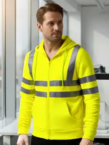 Men's Reflective Striped Hooded Work Sweatshirt| Fleece-Lined Windproof Zip-Up for Outdoor, Construction & Night Safety (High-Vis Thermal Pullover)