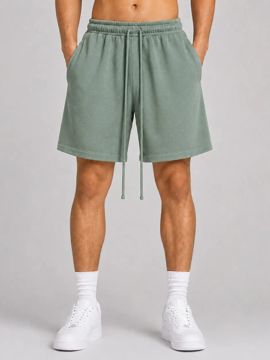 Men's Sage Green Casual Drawstring Sweat Shorts, Elastic Waist Deep Pockets Casual Jogger Shorts, Soft Fleece Gym Workout Lounge Shorts Summer Streetwear
