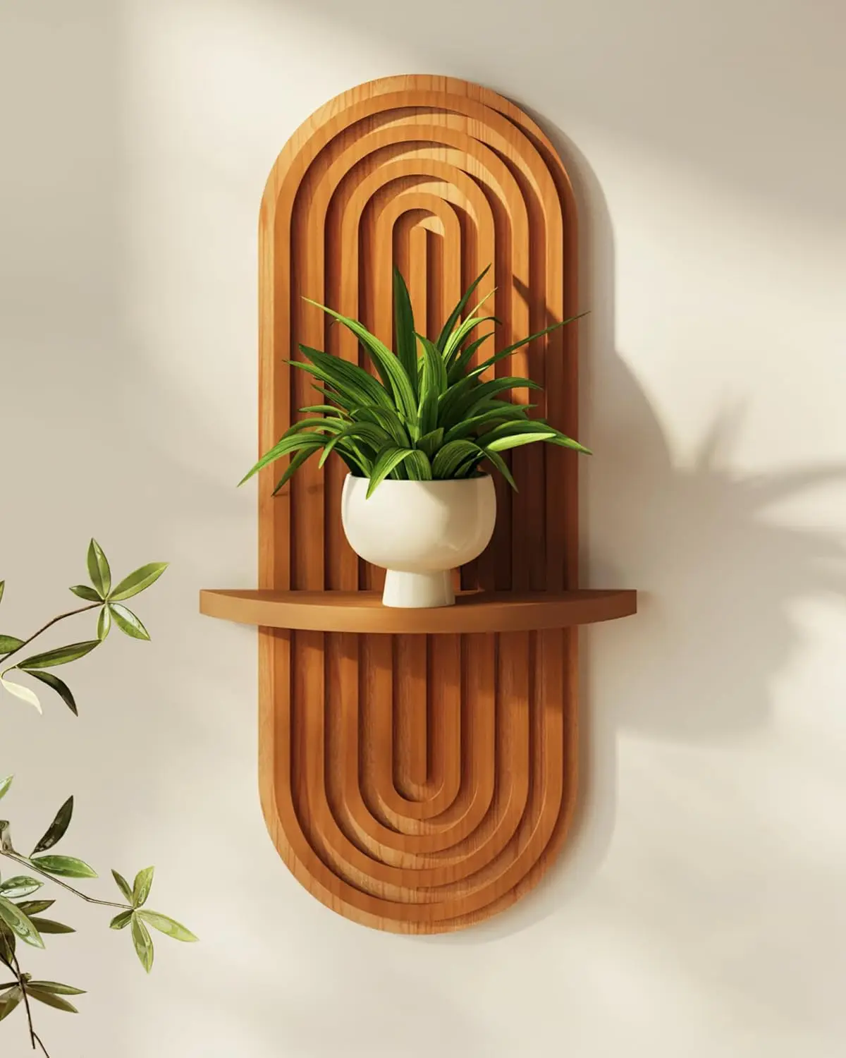 Boho Wall Decor Brown Plant Wall Shelf, Mid Century Modern Decor Hanging Plant Shelf, 1-Tier Bamboo Floating Shelves for Home Bathroom Bedroom Living Room Holding Planter Decoration Brown