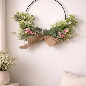 Eucalyptus Blossom Half Ring Wreath 42cm with White Blossoms Pink Accents & Burlap Bow for Home Décor