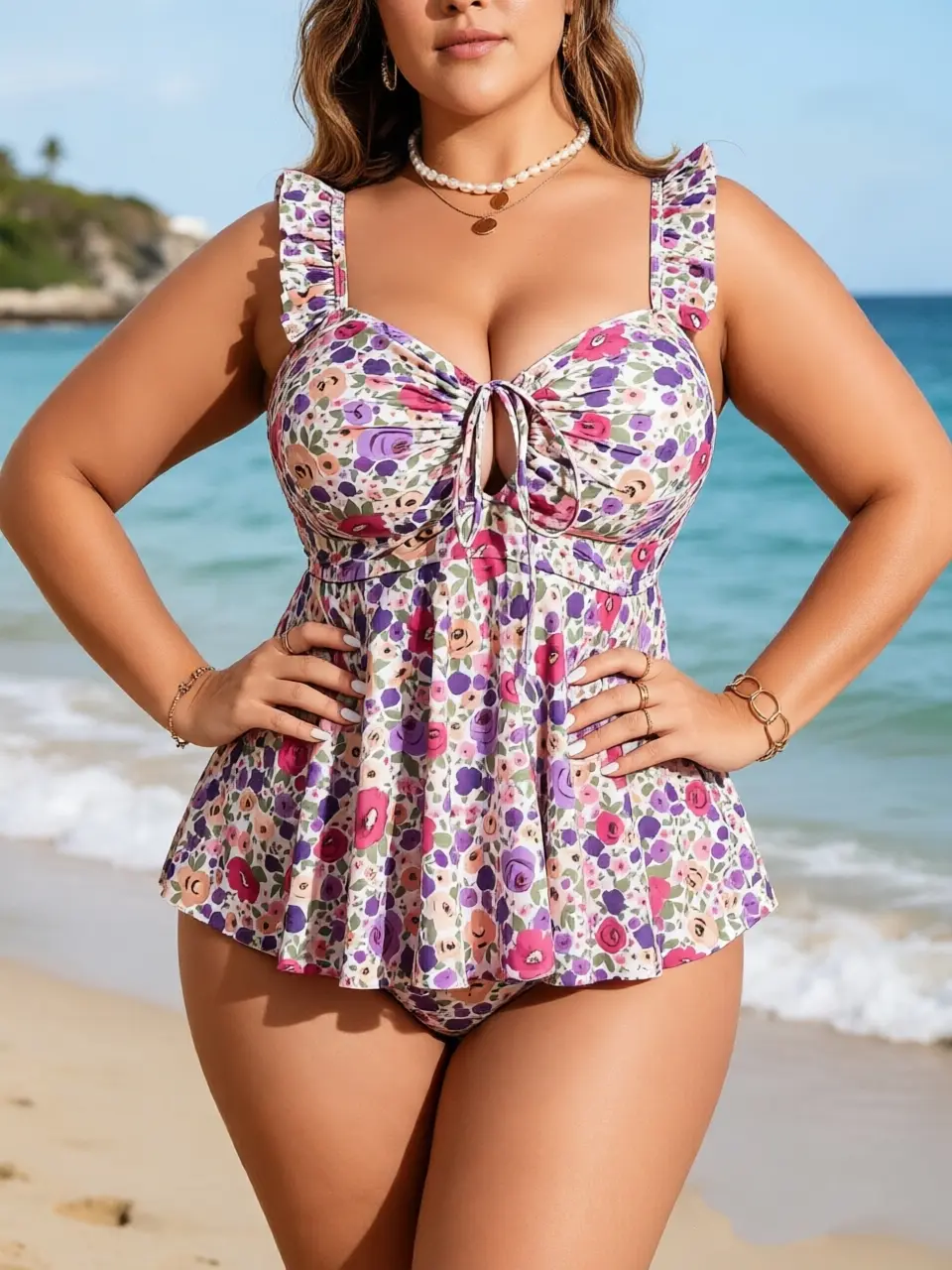Women's 2026 Plus Size Ditsy Floral Tankini Outfit - 2-Piece Ruffle Strap Tie-Front Flowy Peplum Swim Tankini Top & High-Waisted Boyshort Bottoms, Tummy Control Swimsuit for Women, Summer Beach & Pool Party, Swim Tankini Tops