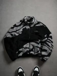 Men's Black & Gray Zebra Print Sherpa Jacket, Fleece Lined, Oversized Streetwear Style, #winterfashion #fallfashion Must-Have, #blackfriday #christmasgiftideas, TikTok Viral Warm Coat for Cold Weather, Winter Fashion Clothing
