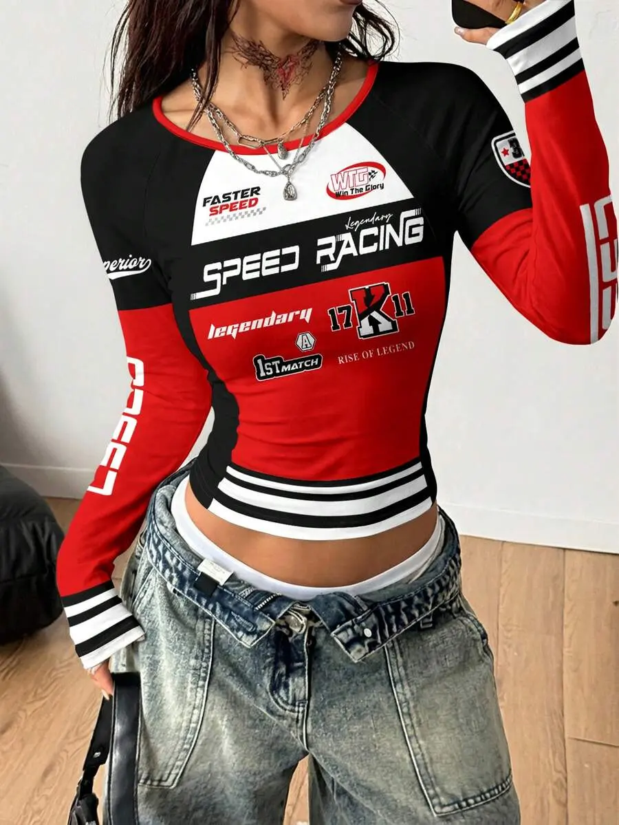 LUNA LAYER Womens Retro Letter Print Long Sleeve T Shirt Colorblock Raglan Sleeve Slim Fit Streetwear