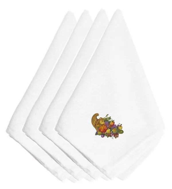 212 MAIN Thanksgiving Embroidered Cornucopia Napkins, 20x20 in, 0.1 in Thick, Set of 4 Kitchenware Dinnerware Household Table Linens