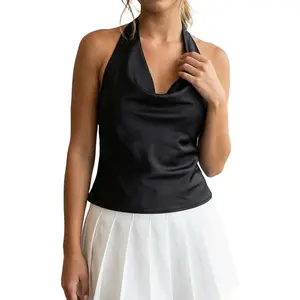 Womens Satin Halter Tank Top Backless Sleeveless Going Out Cami Y2K Dressy Blouse