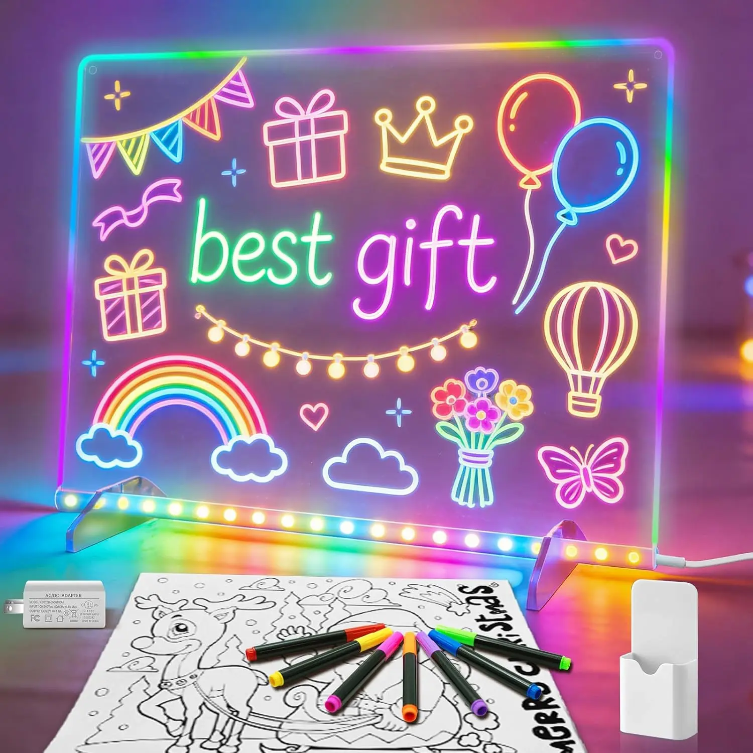 13.7"X10" 6 Modes&8 Lighting  Acrylic LED Drawing Board for Kids, Acrylic Dry Erase Light-Up Drawing Board with Stand, Markers & Wipes, Erasable Reusable Board for Kids Learning, Ideal Gift for Birthday Children's toys 7 Watercolor Pens