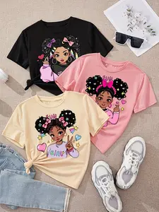 3pcs Girls' Fashion Round Neck Short Sleeve T-Shirts, Anime Cartoon Butterfly Cherry Heart Print, Comfortable Polyester Summer Top, Casual Tee Tops