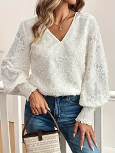 A three-dimensional flocked lace pattern women's blouse V-neck lantern sleeve embroidered casual Fitted white hidden meat thin women's shirt