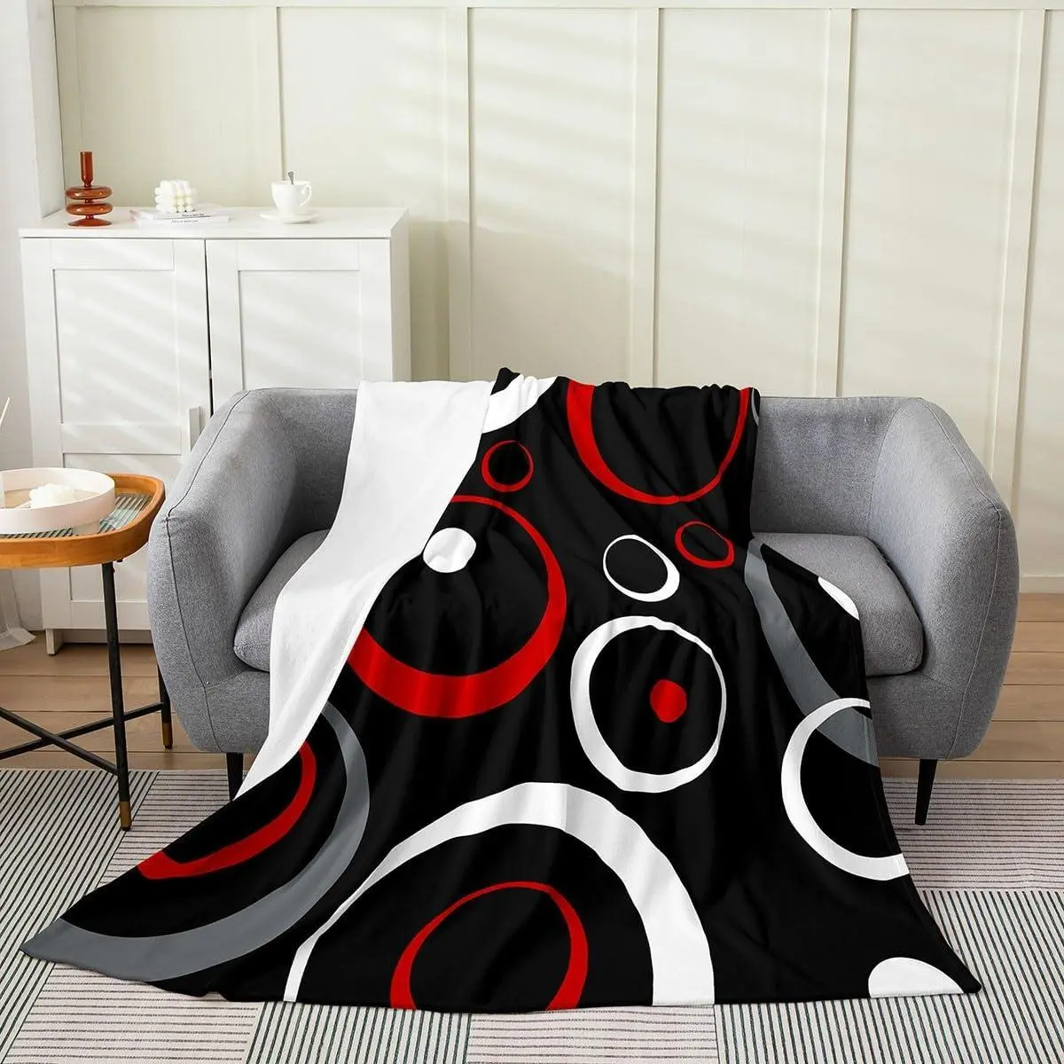 Geometric Circle Fleece Flannel Fuzzy Blanket Red Black White Plush Throw Blanket,Abstract Art All Season,Bed Blanket Microfiber Modern Design Room Decor Throw