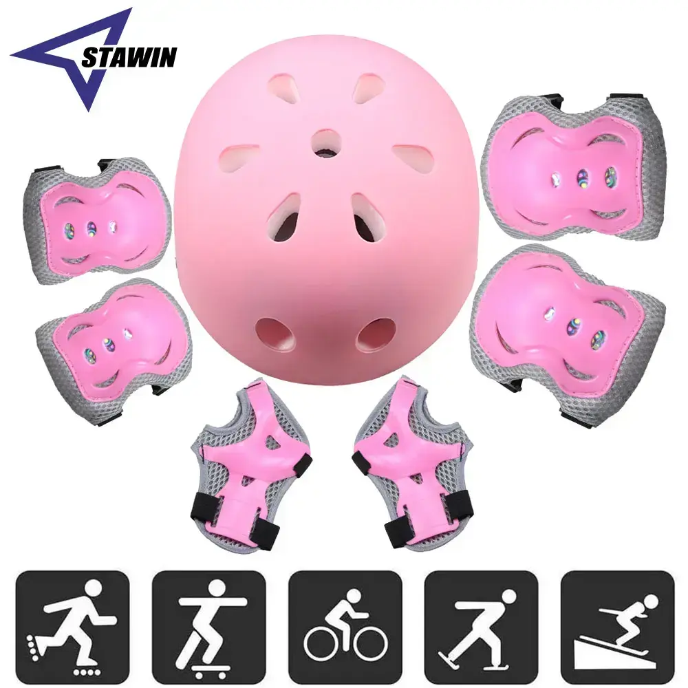 7Pcs/Set Kids Bike Helmet Skateboard Knee Pads, Girls Boys 3-10yrs Wrist Guards for Sports Cycling Bike Roller Skating Scooter