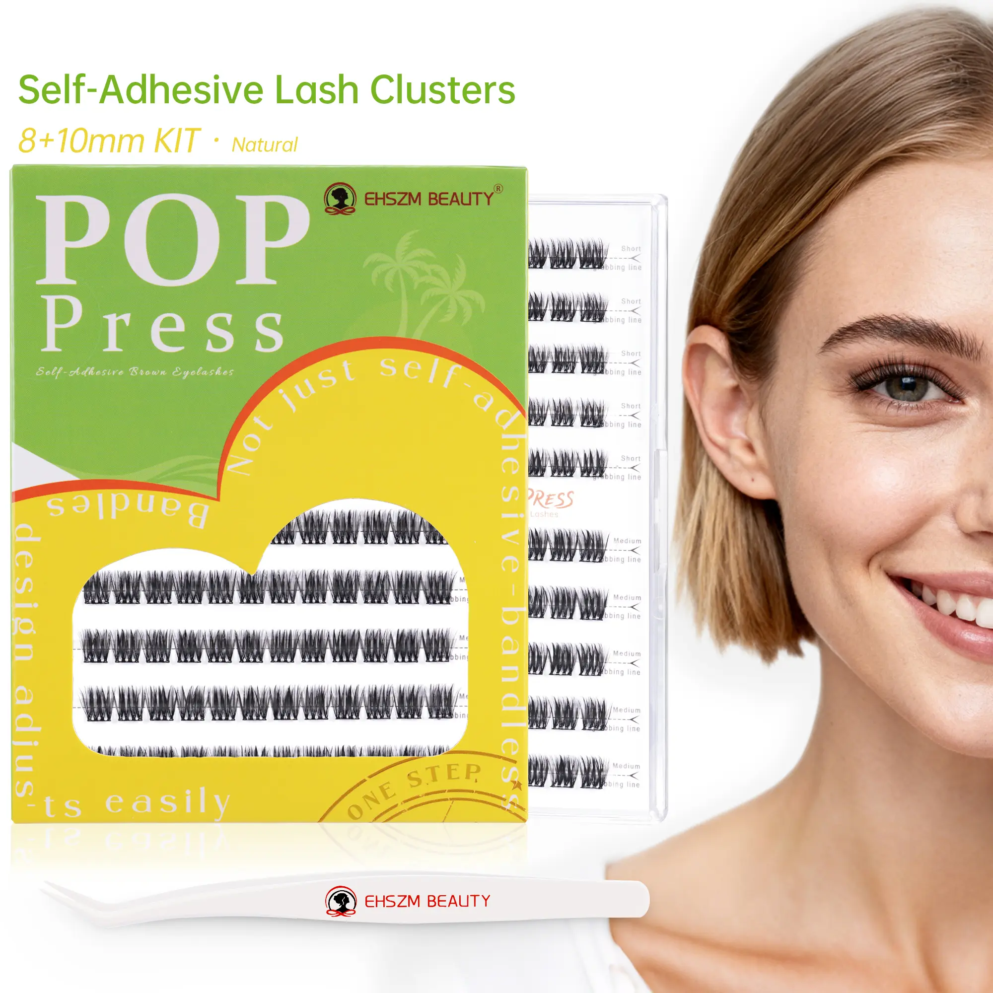 EHSZM BEAUTY POP PRESS Petit 2-in-1 Self-Adhesive 1-Minute Lash Clusters Kit, Pre-Glued Press-On, No Glue Needed, Includes Tweezers, All-Day No-Fall, Ideal for Everyday Runs