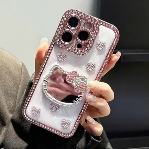Cute Case 3D Bow Fashion Case design with Crystal and Mini Face Makeup Mirror for Girls Women for  For iPhone 17Pro Max cases 16 15 14 13Pro Max
