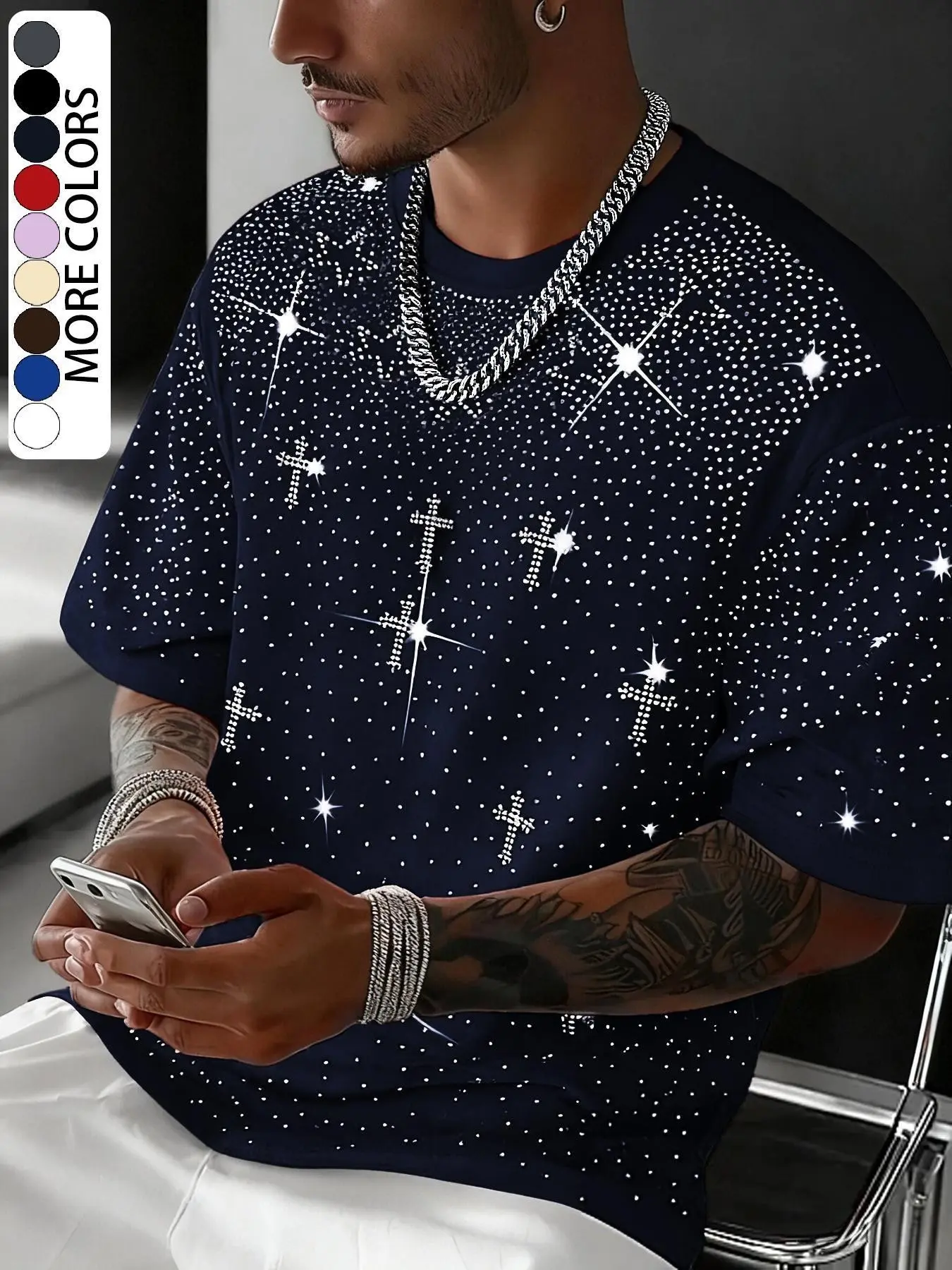 Unisex Rhinestone Cross Pattern T-Shirt, Man, Urban Style Luxurious Design, Shiny Fashion for Daily Wear & Night Out