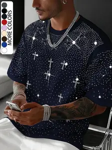Unisex Rhinestone Cross Pattern T-Shirt, Urban Style Luxurious Design, Shiny Fashion for Daily Wear & Night Out