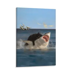 Funny Fat Cat Vs. Shark Poster Renaissance Canvas Wall Art Quirky Black Cat Animal Oil Painting Prints Fun Nautical Picture for Living Room Bedroom and 24x  36  poster unique wall art decor home decor picture wooden frame
