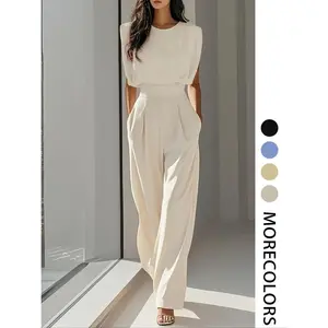 Women's solid color sleeveless jumpsuit, elegant and fashionable casual commuting jumpsuit suitable for daily outdoor wear, summer women's jumpsuitRAIMENTRY