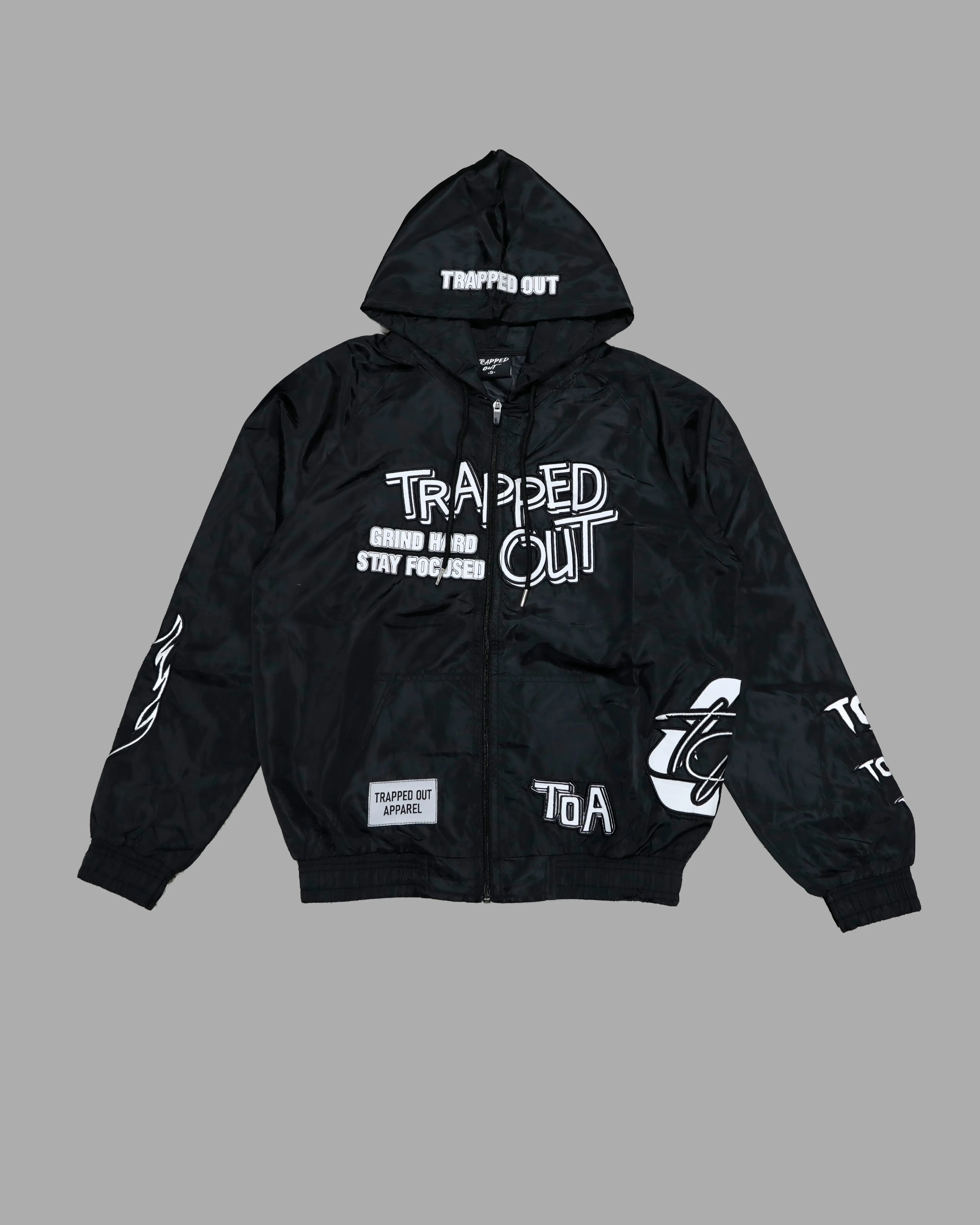 Black Graphic Windbreaker Jacket with Hood