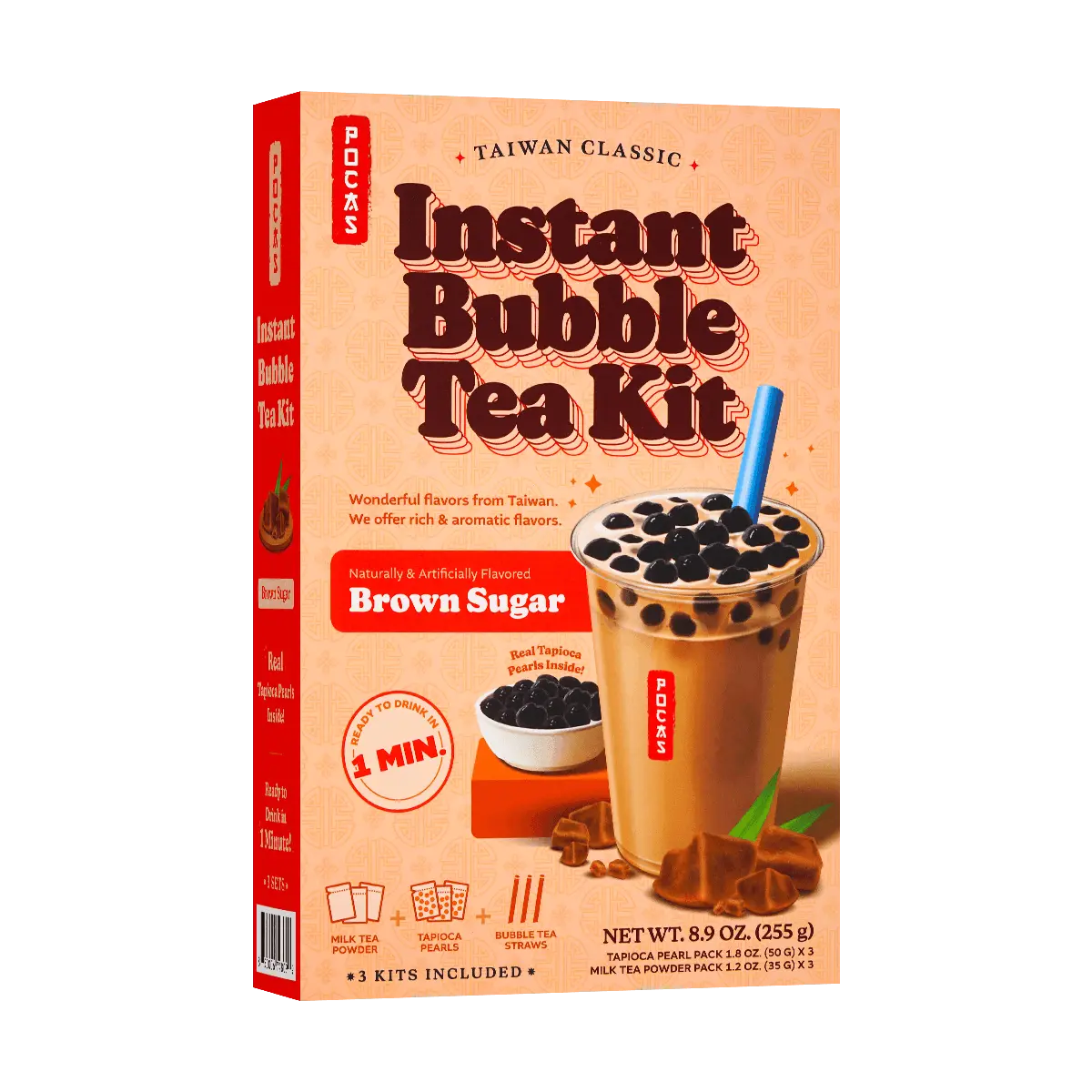 POCAS Brown Sugar Boba Milk Tea Kit - Instant Ready-to-Drink Pearl Milk Tea Set with Tapioca Pearls & Straws - 3 Servings (255g)