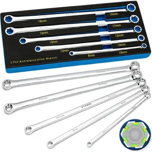 5- Extra Long Box End Wrench Set, Metric 8mm-19mm, 6 Point Extended Bolt Extractor Wrench, CR-V Labor-Saving Aviation Spanner with EVA
