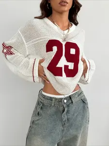 Women's Casual Loose-Fitting Round Neck Long Sleeve Knit Top, Fashionable Letter Embroidery Sweater for Spring Summer Fall