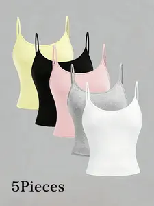 5-Pack Basic Tank Tops, Soft Elastic Thin Straps, Casual Fitted Design, Perfect for Daily Wear, Home, and Layering