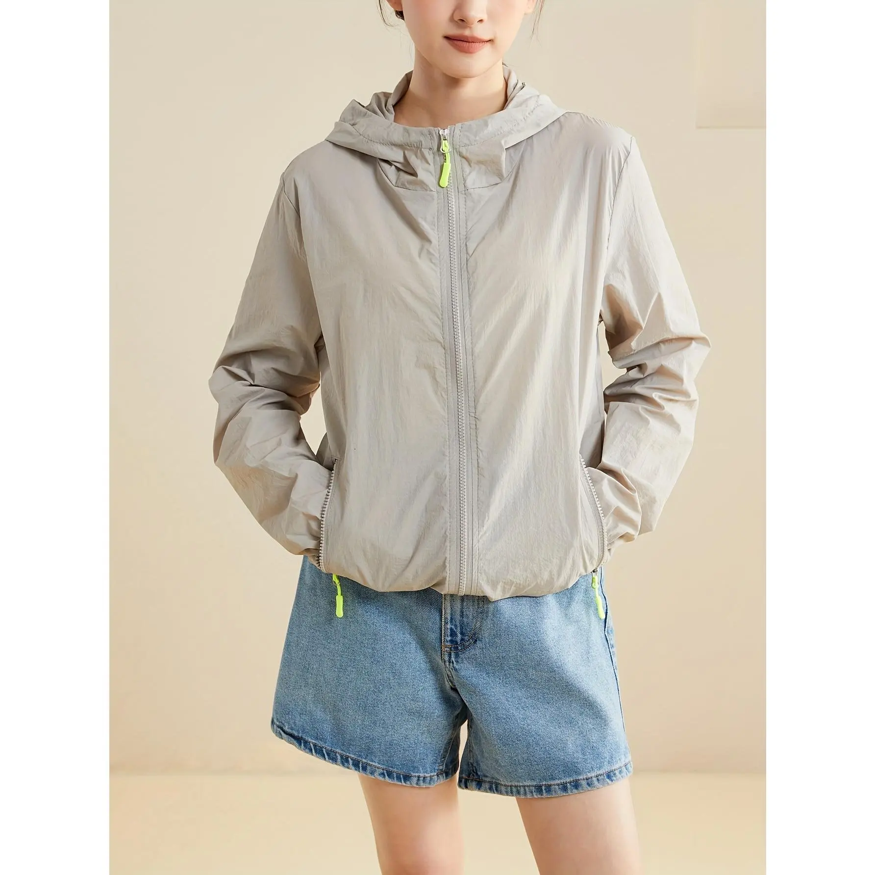 Women's Asian Sizes Woven Polyamide Lightweight Long Sleeve Zippered Hood Sun Protection Outdoor Wear Jacket, Sun Protective Outdoor Coat